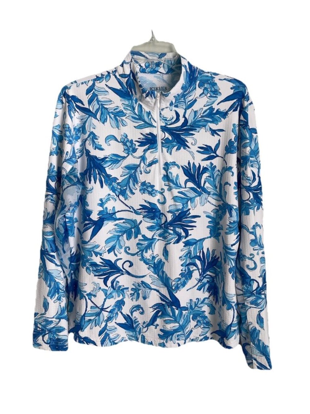 Icikuls Blue White Floral 1/4 Zip Mock Neck Long Sleeve UPF 50+ Golf Shirt